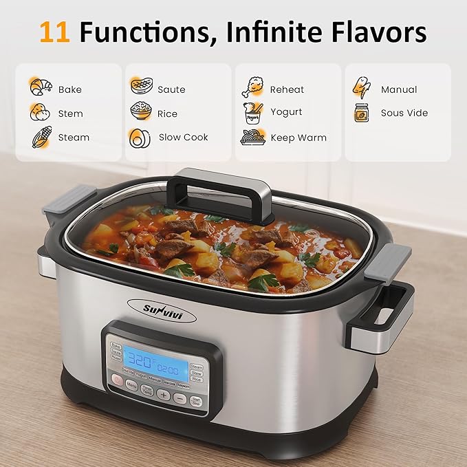 Sunvivi 6.5 Quart Slow Cooker Roaster Oven：11 in 1 programmable Multi-Cooker Food Warmer with Digital Timer, Temp Control, Removable Nonstick Cast Aluminum Pot & Dishwasher-Safe Tempered Glass Lid