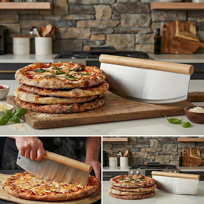 14-Inch Stainless Steel Professional Pizza Rocker Knife, Wood Handle Blade Cutter with Comfort Cover, Commercial Grade Pizza Slicer