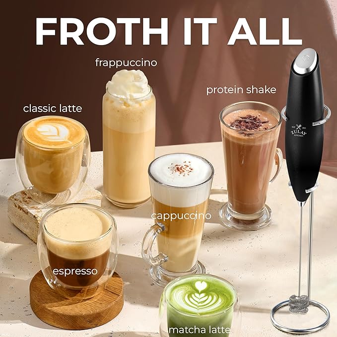 Zulay Kitchen Patented Tornado Triple Whisk Milk Frother with 4 Duracell Batteries – Handheld Foam Maker for Coffee, Lattes, Matcha & Hot Chocolate – Rich, Creamy Froth in Seconds