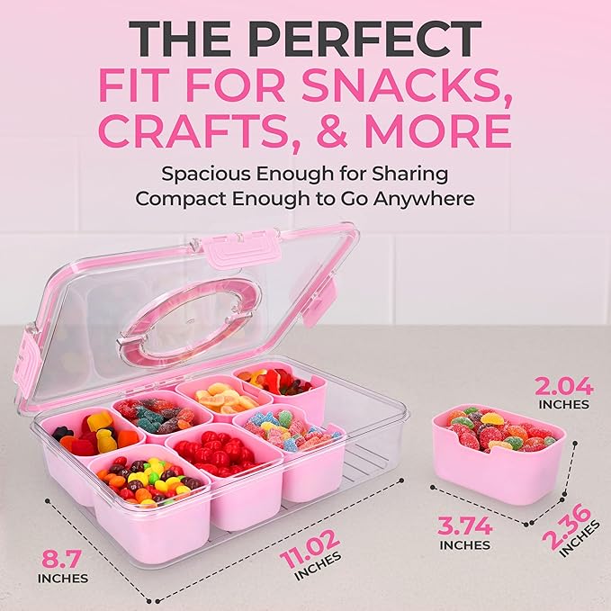 Snackle Box Container with Lid Travel Charcuterie Box with Handle Organizer for Candy, Fruit, Nuts, Veggies, Snacks, Beach Essentials, Portable Lunch Box (Pink, Large)