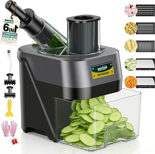 WantJoin 6 in 1 Electric Vegetable Chopper - Multifunctional Commercial Food Processor with Stainless Steel Blades for Slicing (2.5mm), Dicing (6/8/12mm), Chopping (2.5mm), Shredding