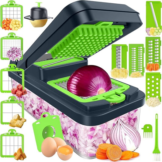 15-in-1 Vegetable Chopper, Kitchen Gadgets with 10 Blades, Veggie, Food, Onion Chopper, Cucumber Slicer, Versatile Mandoline, Includes Egg Separator & Finger Guard, Green