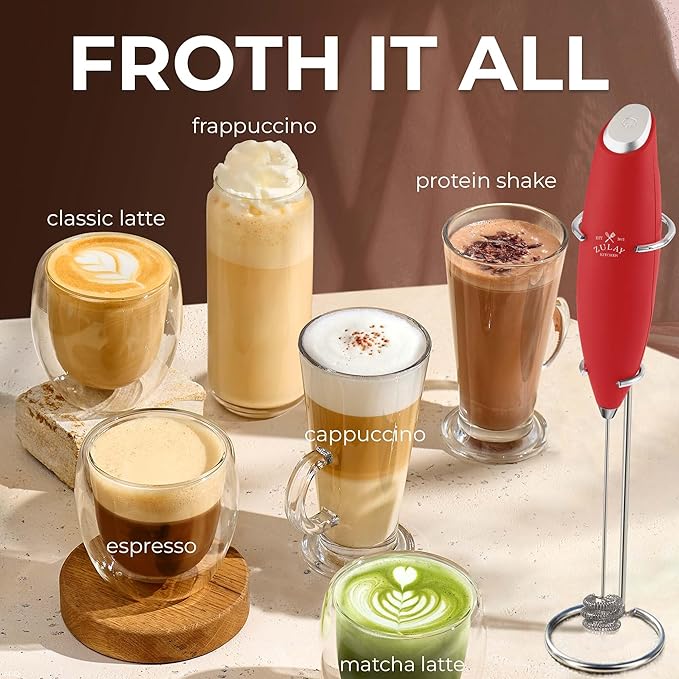 Zulay Kitchen Patented Tornado Triple Whisk Milk Frother with 4 Duracell Batteries – Handheld Foam Maker for Coffee, Lattes, Matcha & Hot Chocolate – Rich, Creamy Froth in Seconds
