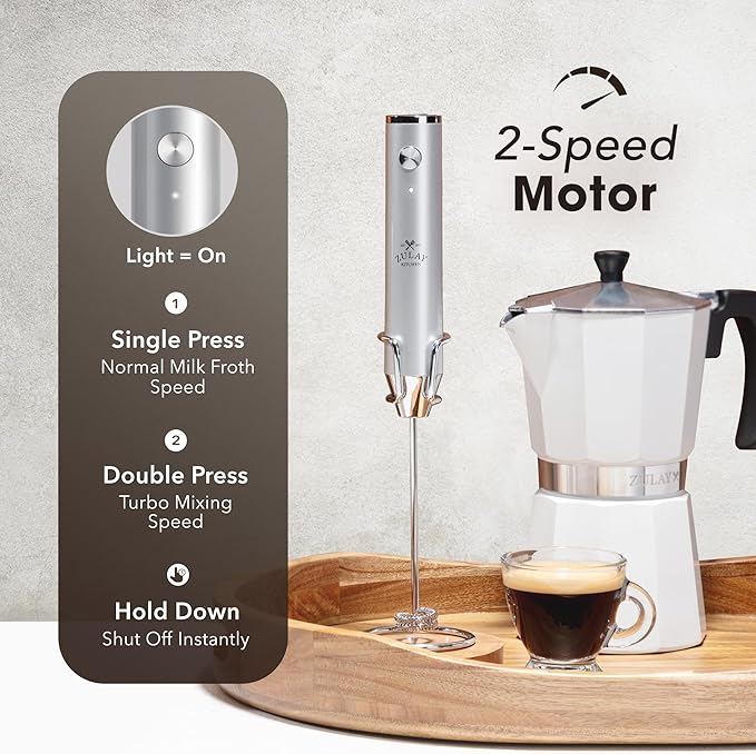 Zulay Kitchen Rechargeable Milk Frother Handheld - Lux 4 Whisks, Powerful 2-Speed Motor, Waterproof, 2000mAh Battery - Drink Mixer for Latte, Cappuccino, Matcha & Protein Powder - Silver