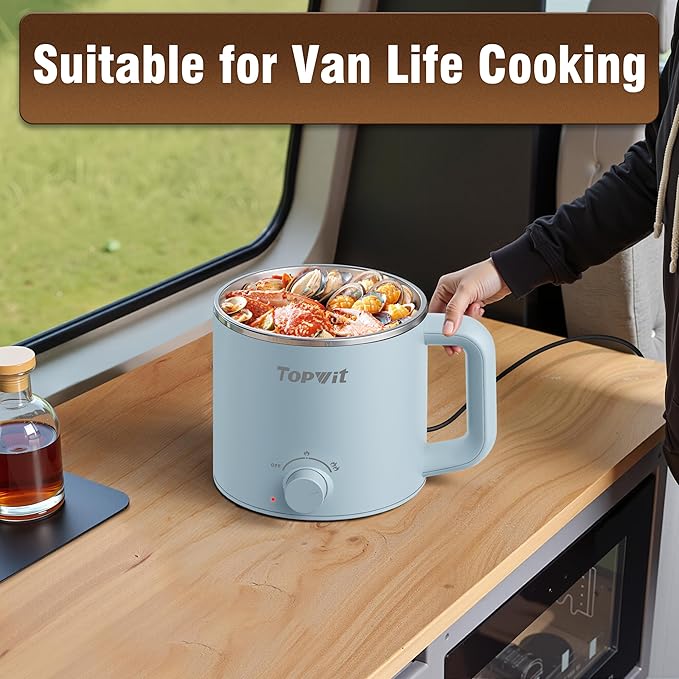 Topwit Hot Pot Electric, Electric Pot, 1.6L Ramen Cooker, Multifunctional Cooker for Pasta, Shabu-Shabu, Oatmeal, Soup and Egg with Over-Heating Protection, Boil Dry Protection, Blue