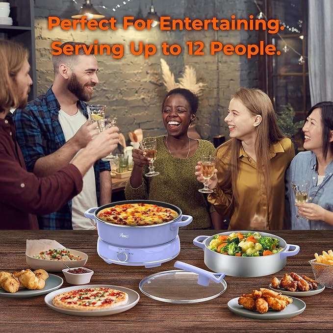 Rosewill 12.7 QT Electric Hot Pot Slow Cooker with Multiple Functions, Split Design with 11.8 inch Wider Cooking Pot and SUS Steam Basket, 1600W High Power, Includes Utensils - Iris