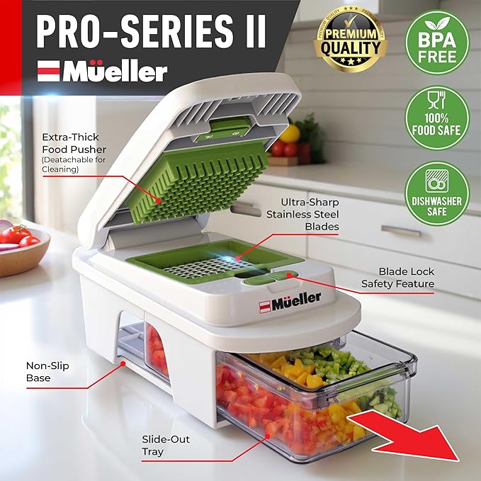 Mueller Pro-Series All-in-One, 12 Blade Mandoline Slicer for Kitchen, Food Chopper, Vegetable Slicer and Spiralizer, Cutter, Dicer, Grater, Kitchen Gadgets Sets with Container, White Sand/Pastel Green