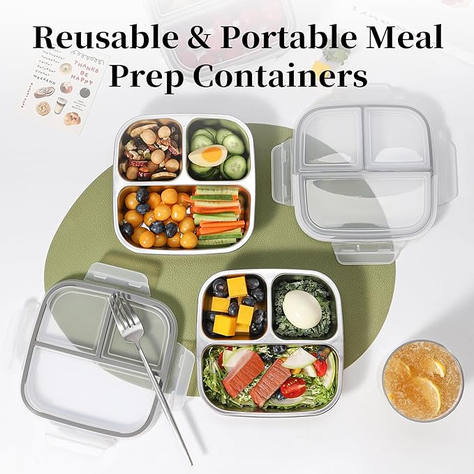2 Pack Stainless Steel Snack Containers with Lids 3 Compartment Snackle Box Container Lunch Box for Adults Meal Prep Bento Box Containers Reusable Work (2, Gray, 600ml)