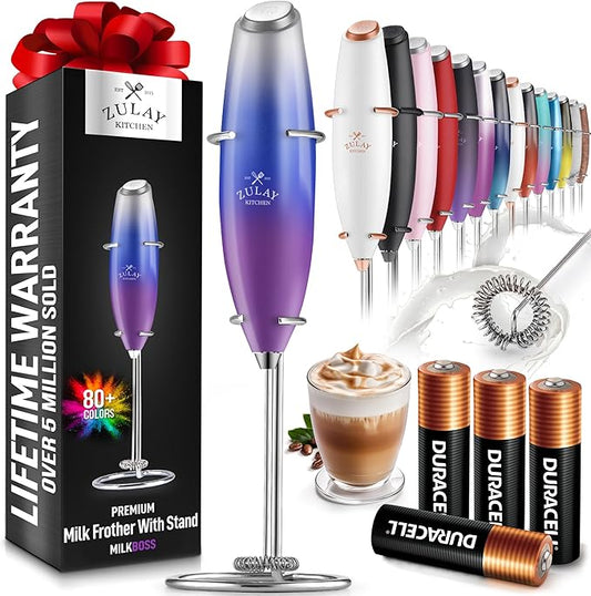 Zulay Kitchen Powerful Milk Frother Wand With 4 AA Duracell Batteries - Ultra Fast Handheld Drink Mixer - Electric Whisk Foam Maker for Coffee, Lattes, Cappuccino, Matcha & Creamer