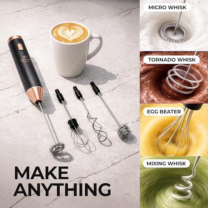 Zulay Kitchen Metal Rechargeable Milk Frother, 3 Whisk Attachments Handheld Frother Wand, 1800mAh USB-C Charging, Electric Drink Mixer for Protein, Matcha & Powders - One Charge Lasts up to 6 Months