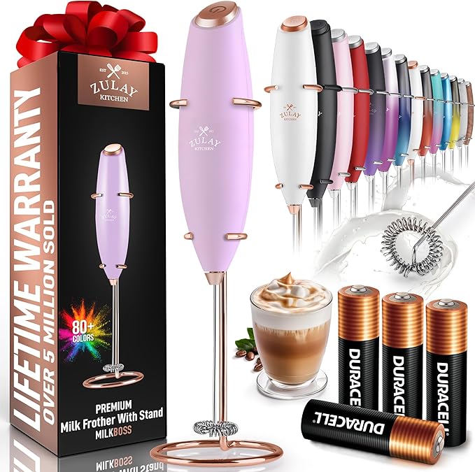 Zulay Kitchen Powerful Milk Frother Wand With 4 AA Duracell Batteries - Ultra Fast Handheld Drink Mixer - Electric Whisk Foam Maker for Coffee, Lattes, Cappuccino, Matcha & Creamer