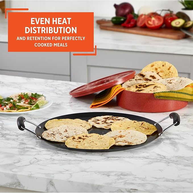 IMUSA USA, Black Carbon Steel Large Round Comal with Bakelite Handles, 14"