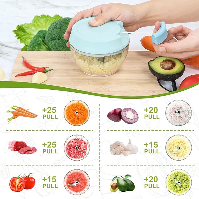 Garlic Mincer Mini Manual Hand Food Chopper with Container Kitchen Onion Vegetable Cutter Veggie Chopper Blue 500ml