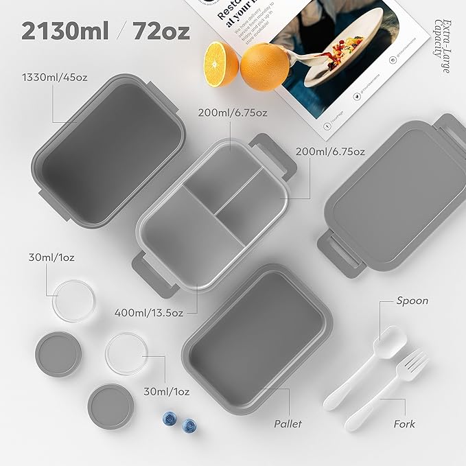 Jelife Adult Bento Box Lunch Box - 3 Layers Stackable Bento Lunch Box for Adults, 72oz Large-Style All-in-One Bento Boxes Leak-Proof Lunchbox with Utensil Sauce Containers for Dining Out,Work, Grey