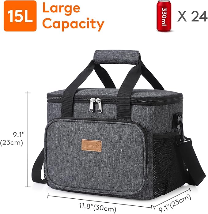 Lifewit Large Lunch Bag Insulated Lunch Box Soft Cooler Cooling Tote for Adult Men Women, Dark Gray 24-Can (15L)