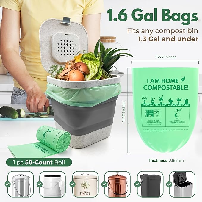 Small Compost Bags 1.6 Gal - 50 Compostable Kitchen Trash Bags for Countertop Bin - Cornstarch Leakproof & Tear-Resistant - OK Compost Home & Seedling Certified 0.18 mm Kitchen Garbage Bags