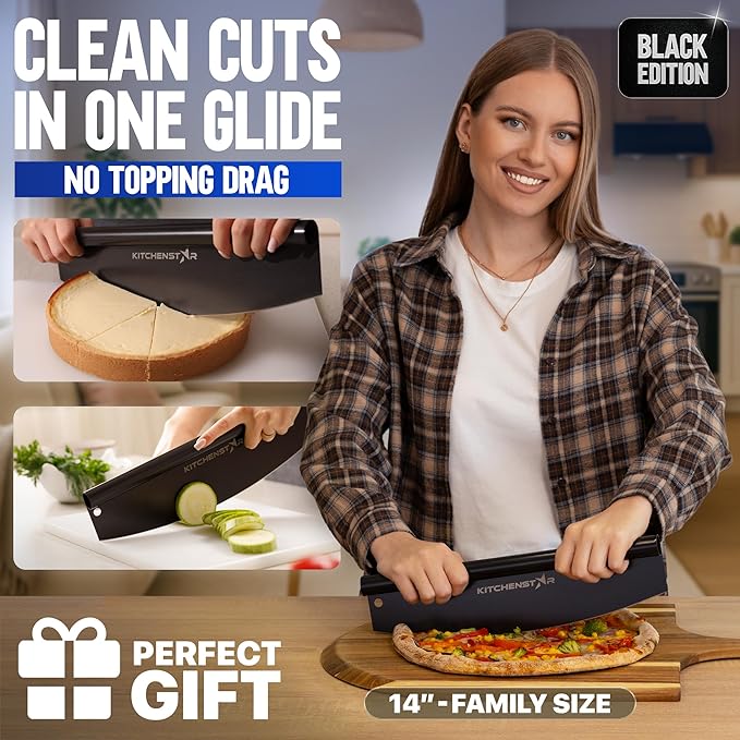 KitchenStar 14-Inch Pizza Cutter Rocker Blade - Sharp Stainless Steel Slicer Knife, Protective Cover, Black, Large - Professional Pizza Oven Accessories