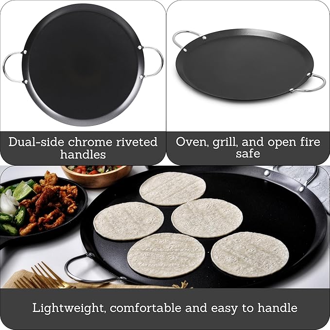 IMUSA 13.5in Carbon Steel Nonstick Round Comal with Metal Handles, Black