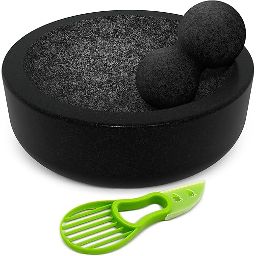 Umien Granite Mortar and Pestle Set - 8-Inch Natural Stone Molcajete with Avocado Tool - 3.5 Cup Capacity for Spices, Herbs, Pestos & Guacamole - Premium Kitchen Gift (Black)