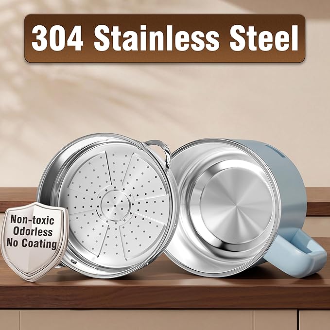 Topwit Hot Pot Electric with Steamer, 1.6L Ramen Cooker, Electric Pot for Pasta, Shabu-Shabu, Oatmeal, Soup and Egg, Portable Cooker with Dual Power Control, Dorm Room Essentials, Blue