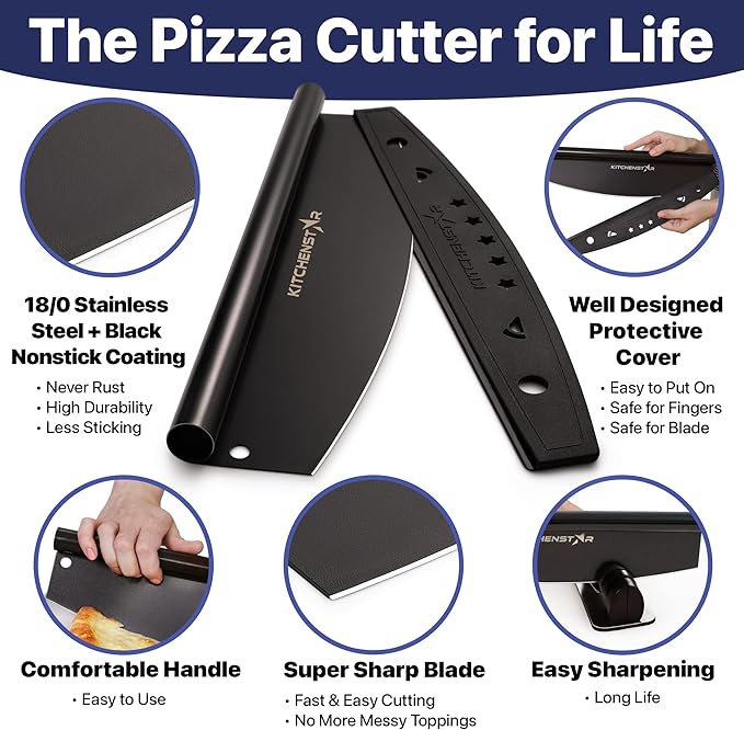 KitchenStar 16-Inch Pizza Cutter Rocker Blade - Sharp Stainless Steel Slicer Knife, Protective Cover, Black, Large - Professional Pizza Oven Accessories