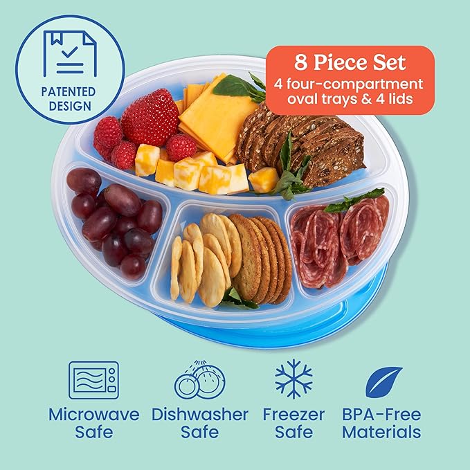 Bentgo Easyboxes 4-Compartment Oval Containers - Patented Design 8-Piece Set; 4 Trays & 4 Fitted Lids Seal in Freshness; Reusable Food Storage & Meal Prep BPA-Free Containers (Classic)
