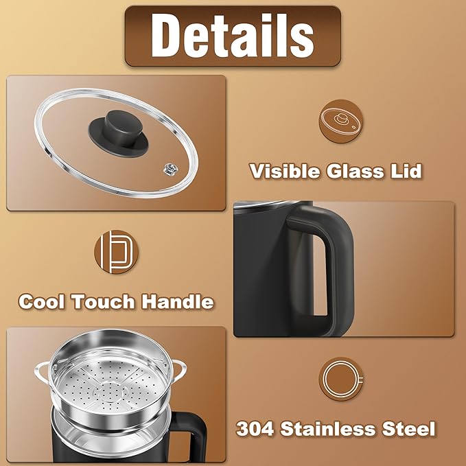 Topwit Hot Pot Electric with Steamer, 1.6L Ramen Cooker, Electric Pot for Pasta, Shabu-Shabu, Oatmeal, Soup and Egg, Portable Cooker with Dual Power Control, Dorm Room Essentials, Black