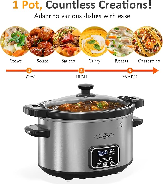 Sunvivi 4qt Slow Cooker, Programmable Slow Cooker with Locking Lid, Removable Ceramic Pot, 3 Heating Settings & Time Control, Mini Food Warmer with Dishwasher-safe Lid & Pot, Silver
