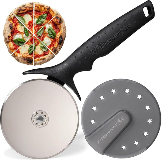 KitchenStar Pizza Cutter Wheel - 304 Stainless Steel Slicer Knife with Super Sharp Blade, Anti-Wobble Axle Mechanism, Ergonomic Non-Slip Handle & Protective Cover, Dishwasher Safe, Silver