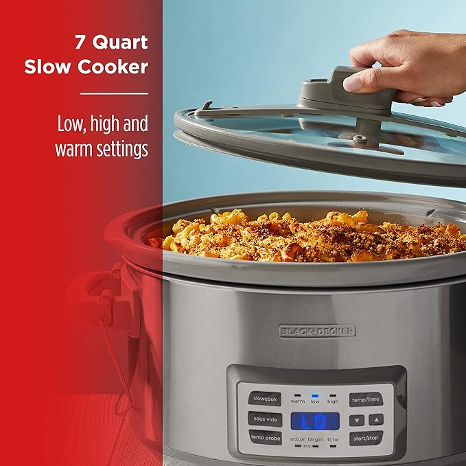 BLACK+DECKER 7-Quart Digital Slow Cooker, SCD7007SSD, Temperature Probe, Sous-Vide, Locking Lid, Removable Stoneware Crock