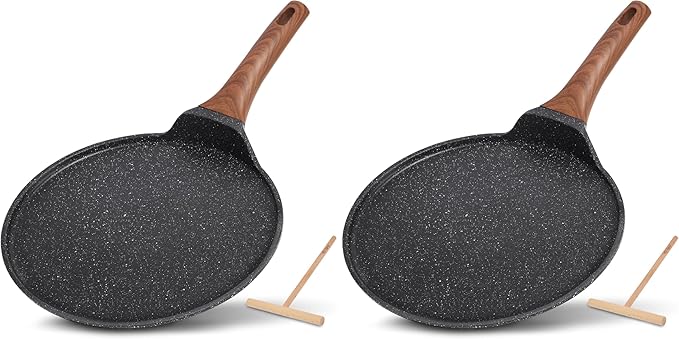 ESLITE LIFE 11 Inch Crepe Pan with Spreader, Nonstick Granite Coating Dosa Pan, Roti Tawa Comal Para Tortillas Pancake Griddle Pan, Induction Compatible, PTFE & PFOA Free, Black (Pack of 2)