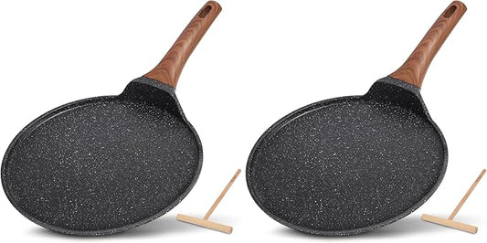 ESLITE LIFE 11 Inch Crepe Pan with Spreader, Nonstick Granite Coating Dosa Pan, Roti Tawa Comal Para Tortillas Pancake Griddle Pan, Induction Compatible, PTFE & PFOA Free, Black (Pack of 2)