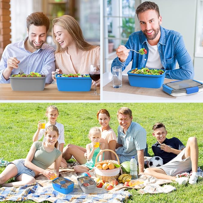 Cherrysea 2Pack Salad Lunch Container, 68oz Salad Bowls with 4 Compartments Tray,Leak Proof Lunch Box with Fork for Men,Women BPA-Free Snack Box with Sauce Container for Dressings - Blue