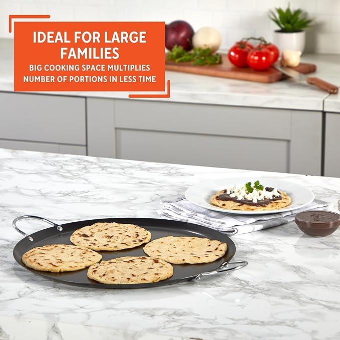 IMUSA 13.5in Carbon Steel Nonstick Round Comal with Metal Handles, Black