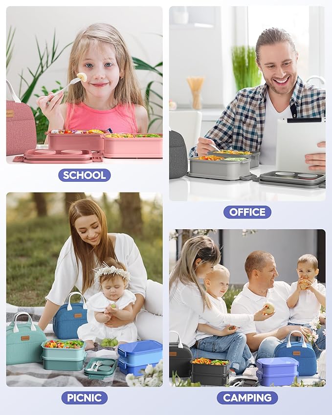 Adults Bento Box with Insulated Lunch Bag, 74oz Capacity 3 Stackable Leak-Proof Bento Box Built-In Utensil and Sauce, PFAS & BPA-Free, Microwave & Dishwasher Safe (Mist Purple)