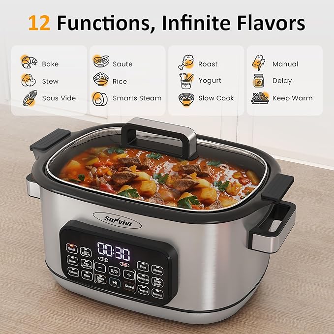 Sunvivi 12-in-1 Multi Slow Cooker Roaster Oven, 6.5QT Sliver Digital Programmable Slow Cooker with Rack, Large Removable Nonstick Crock, Glass Lid, Multicooker with Timer Temp Control, Delay Start