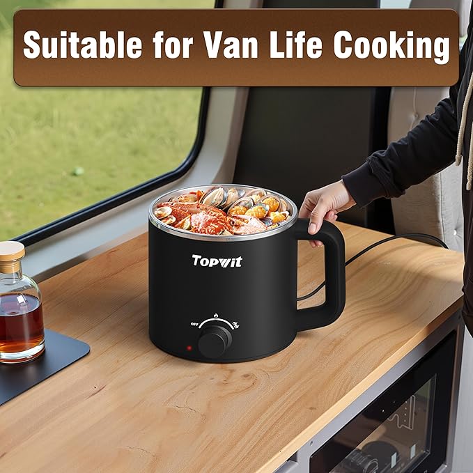 Topwit Hot Pot Electric, Electric Pot, 1.6L Ramen Cooker, Multifunctional Cooker for Pasta, Shabu-Shabu, Oatmeal, Soup and Egg with Over-Heating Protection, Boil Dry Protection, Black