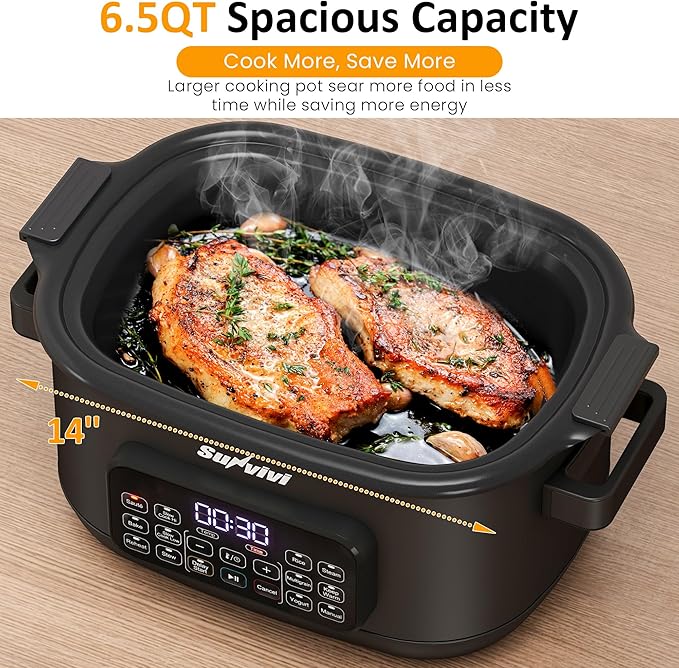 Sunvivi 12-in-1 Multi Slow Cooker Roaster Oven, 6.5QT Sliver Digital Programmable Slow Cooker with Rack, Large Removable Nonstick Crock, Glass Lid, Multicooker with Timer Temp Control, Black