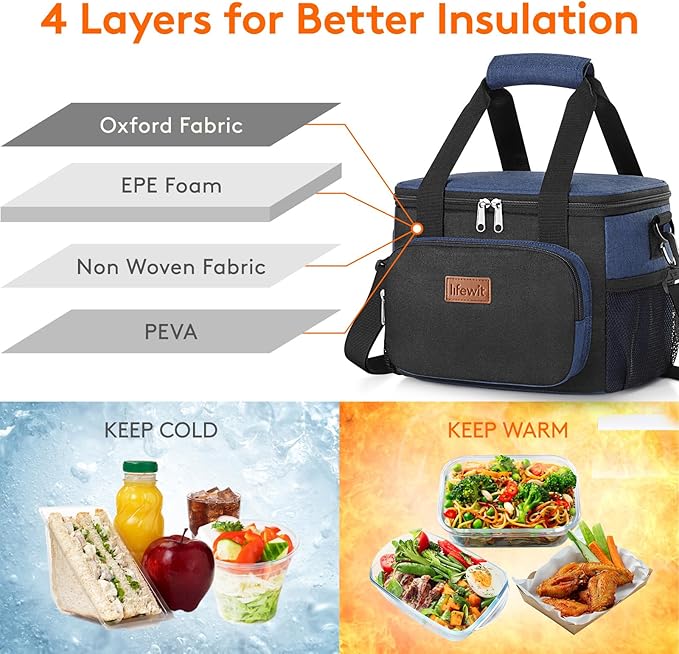Lifewit Medium Lunch Bag Insulated Lunch Box Soft Cooler Cooling Tote for Adult Men Women, Black and Blue 12-Can (9L)