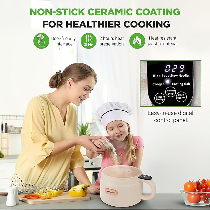 NutriChef 1.6 QT Portable Electric Rice Cooker & Lunch Maker | Multi-Functional & Non-Stick Ceramic Coating | Digital Control Panel | 6 Cook Functions: Rice, Soup, Stew, Porridge & More | White