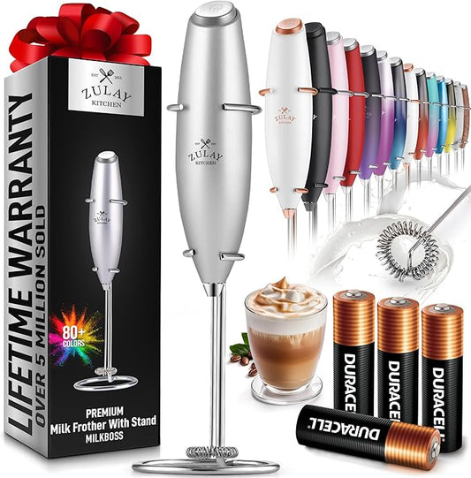 Zulay Kitchen Powerful Milk Frother Wand With 4 AA Duracell Batteries - Ultra Fast Handheld Drink Mixer - Electric Whisk Foam Maker for Coffee, Lattes, Cappuccino, Matcha & Creamer