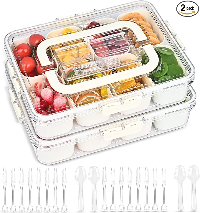 (2Pcs)Divided Serving Tray with Lid,Snackle Box Container with Lid,Snack Box Container with Cutlery Storage,8 Fruit Forks,2Spoons,Fruit Tray,Portable Snack Organizer,8 Compartments snack tray with lid