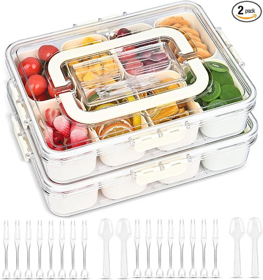 (2Pcs)Divided Serving Tray with Lid,Snackle Box Container with Lid,Snack Box Container with Cutlery Storage,8 Fruit Forks,2Spoons,Fruit Tray,Portable Snack Organizer,8 Compartments snack tray with lid