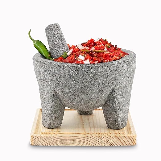 Molcajete Mexicano 8-Inch Cutting Board Included, Guacamole Bowl with Pestle and Mortar Bowl Set, Volcanic Rock Molcajete, Oven Safe, Handmade in Mexico, 750ml - Grey Stone