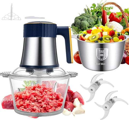 Food Processor, Electric Meat Grinder & Vegetable Chopper with 8 Cup Stainless Steel & 8 Cup Glass Bowls, Electric Food Chopper 400W Motor and 2 Sets Bi-Level Blades for Kitchen Appliances
