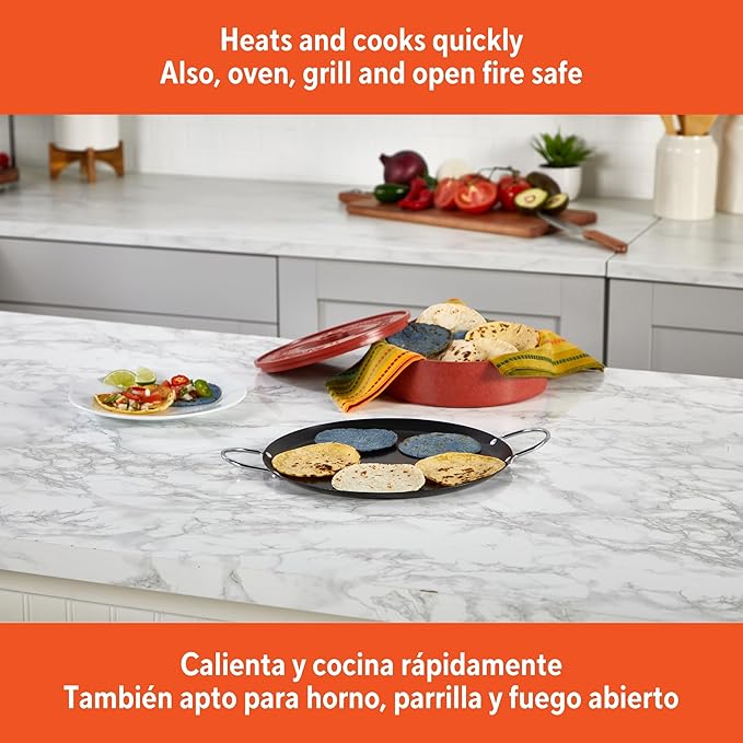 IMUSA 11in Carbon Steel Nonstick Round Comal with Metal Handles, Black