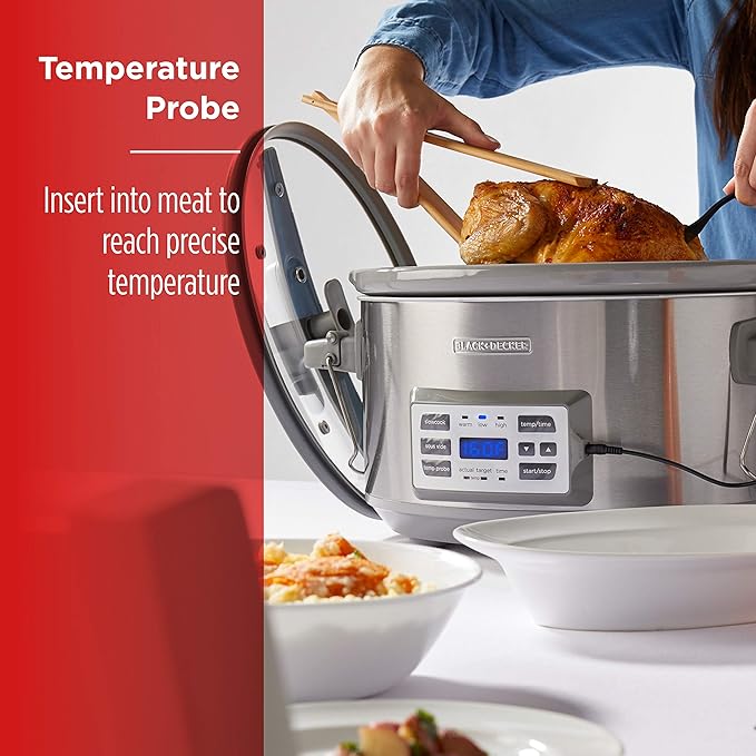 BLACK+DECKER 7-Quart Digital Slow Cooker, SCD7007SSD, Temperature Probe, Sous-Vide, Locking Lid, Removable Stoneware Crock