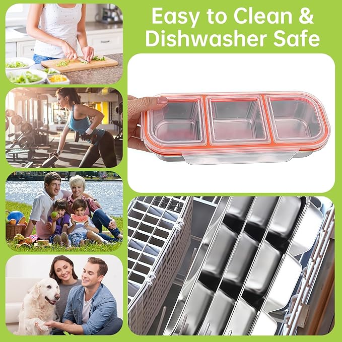 3 Pack Bento Box, Stainless Steel Snack Containers With Lids, Leak Proof Metal Lunch Box with 3 Compartments, Stackable Food Storage Container for Work, Travel, Dishwasher Safe