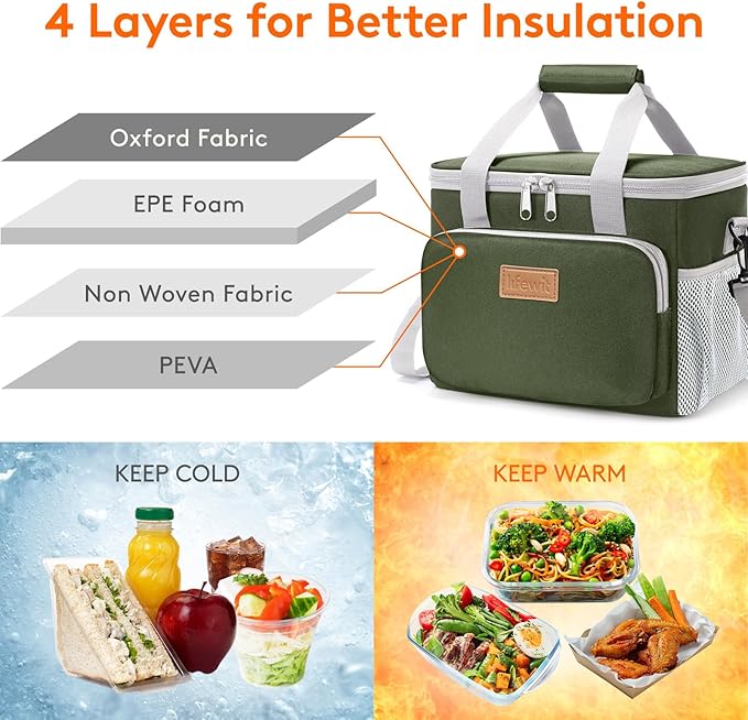 Lifewit Medium Lunch Bag Insulated Lunch Box Soft Cooler Cooling Tote for Adult Men Women, Gray and Green 12-Can (9L)