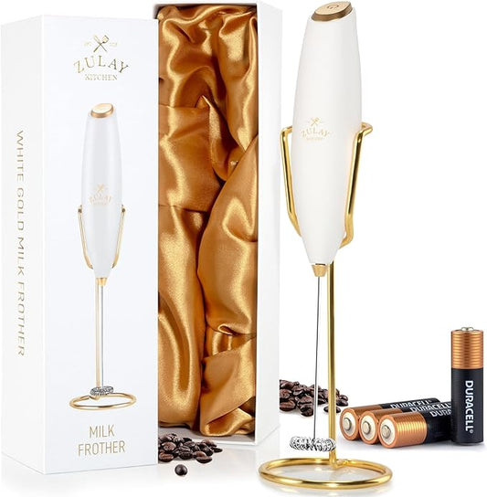 Zulay Kitchen Executive Series Luxury Gift Milk Frother with 4 Duracell Batteries – Handheld Electric Foam Maker for Coffee, Lattes & Hot Chocolate – Deluxe Finish, Ultimate Gift for Coffee Lovers